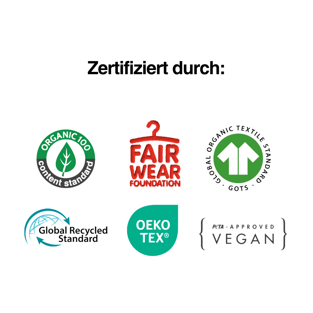 Symbole der Zertifizierungen nach Standards wie OEKO-TEX®, GRS und GOTS, sind PETA-zertifiziert und Mitglieder der Fair Wear Foundation