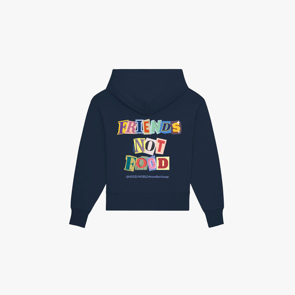 'FRIENDS NOT FOOD Letters' Organic Oversize Hoodie aus 85% nachhaltiger Bio-Baumwolle und 15% recyceltem Polyester in der Farbe French Navy in der Backansicht