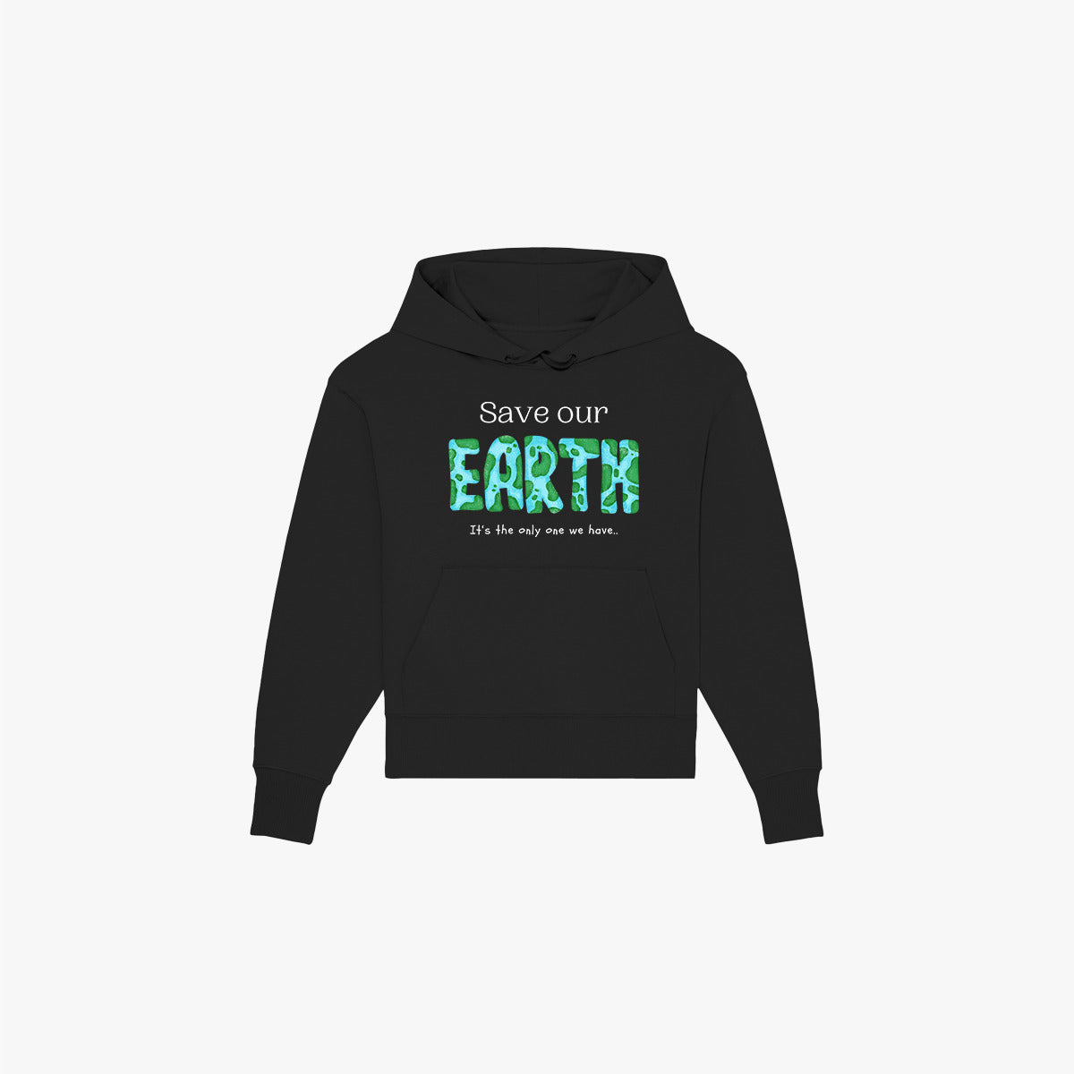 'SAVE OUR EARTH' Organic Oversize Hoodie aus 85% nachhaltiger Bio-Baumwolle und 15% recyceltem Polyester in der Farbe Black