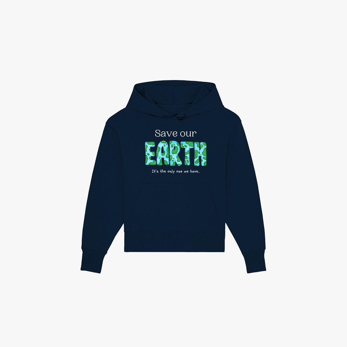 'SAVE OUR EARTH' Organic Oversize Hoodie aus 85% nachhaltiger Bio-Baumwolle und 15% recyceltem Polyester in der Farbe French Navy