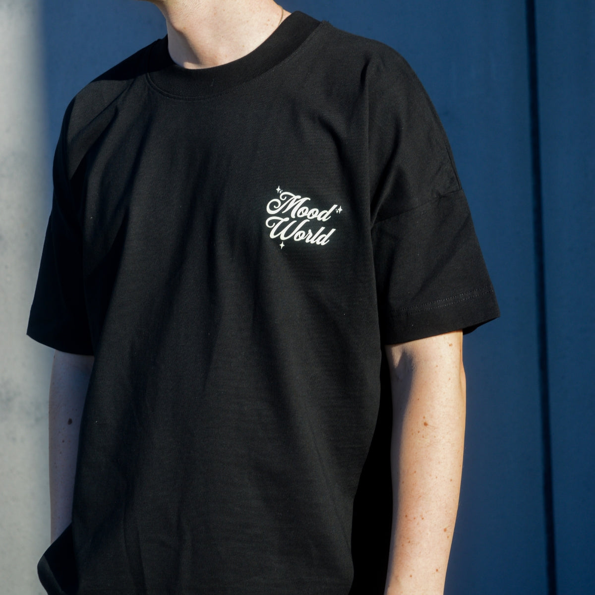 'WISH YOU WERE VEGAN Stars' Organic Oversize Shirt in der Farbe Black als Front Nahaufnahme getragen von einem männlichen Model