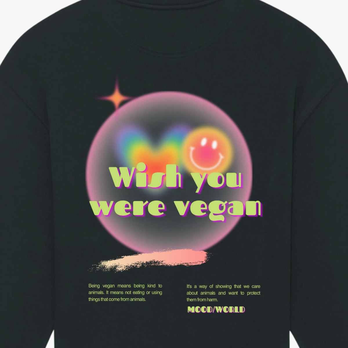 'WISH YOU WERE VEGAN' Organic Oversize Sweatshirt aus 85% nachhaltiger Bio-Baumwolle und 15% recyceltem Polyester in der Farbe Black in der Backansicht Detail